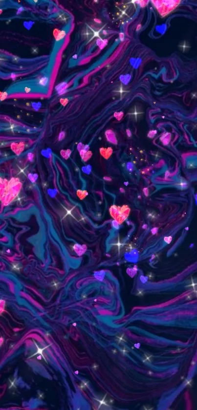 Vibrant mobile wallpaper with colorful hearts and a dark swirling background.