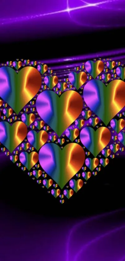 Vibrant rainbow heart pattern on a purple backdrop.