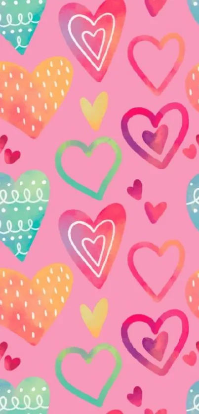 Colorful hearts pattern on a pink background wallpaper.