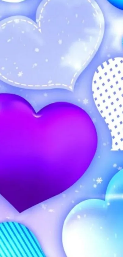 Vibrant wallpaper with blue and purple heart patterns on a light background.