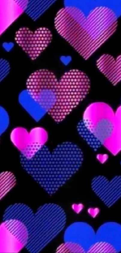 Vibrant pink and blue heart pattern wallpaper.