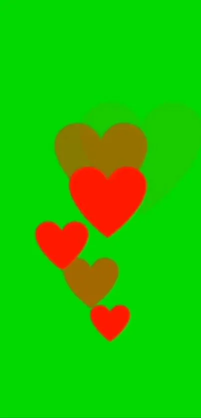 Vibrant mobile wallpaper with red hearts on a green background.