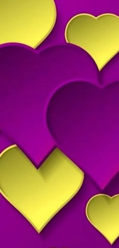 Vibrant purple and yellow heart pattern wallpaper.