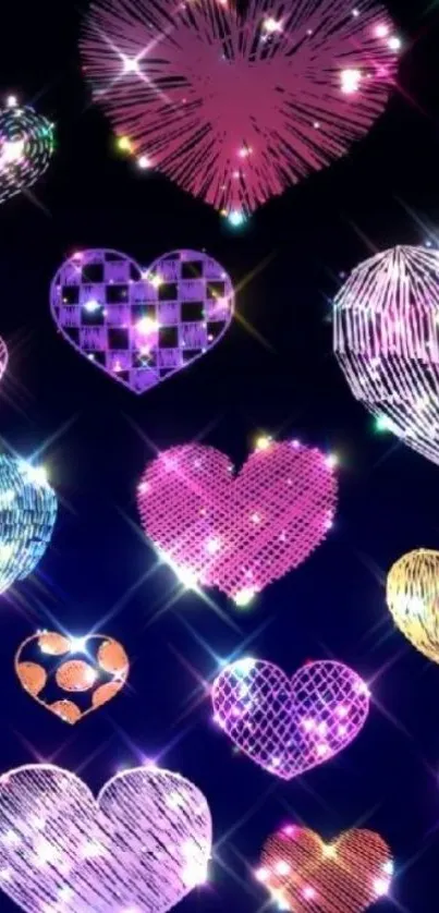 Vibrant neon hearts with sparkling effects on a dark background wallpaper.