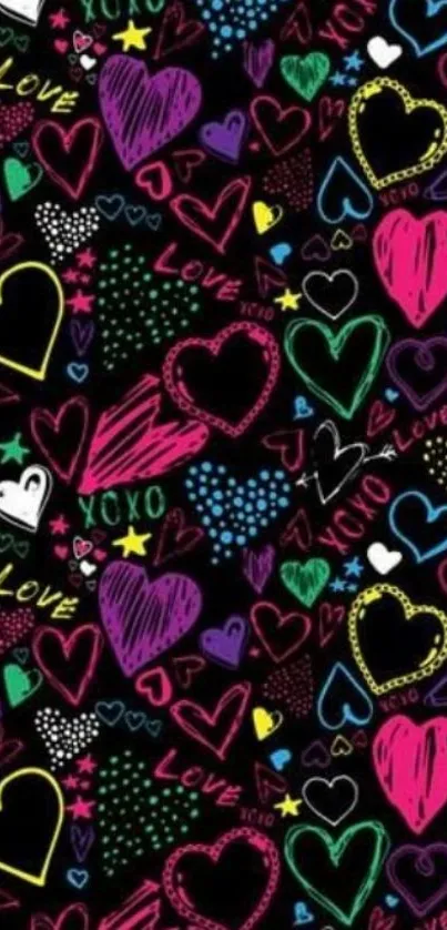 Colorful hearts and doodles wallpaper with love theme on black background.