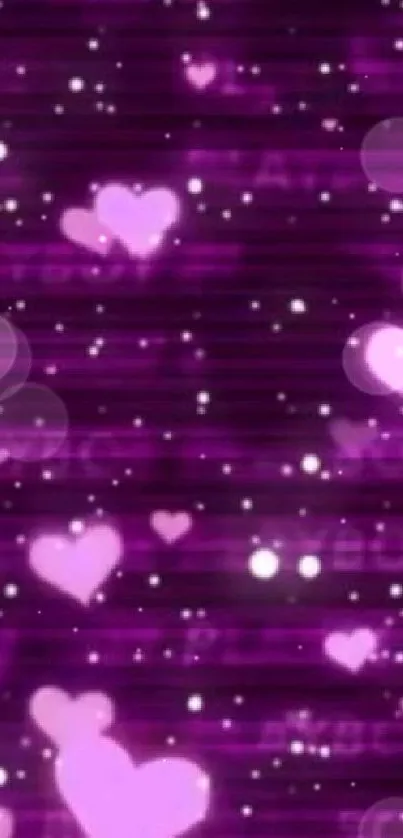 Purple background with pink heart patterns and sparkles.