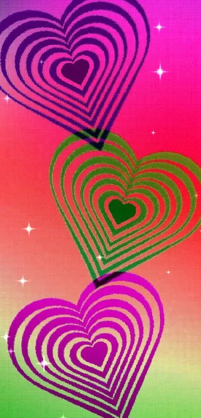 Vibrant wallpaper with three colorful hearts on a gradient background.