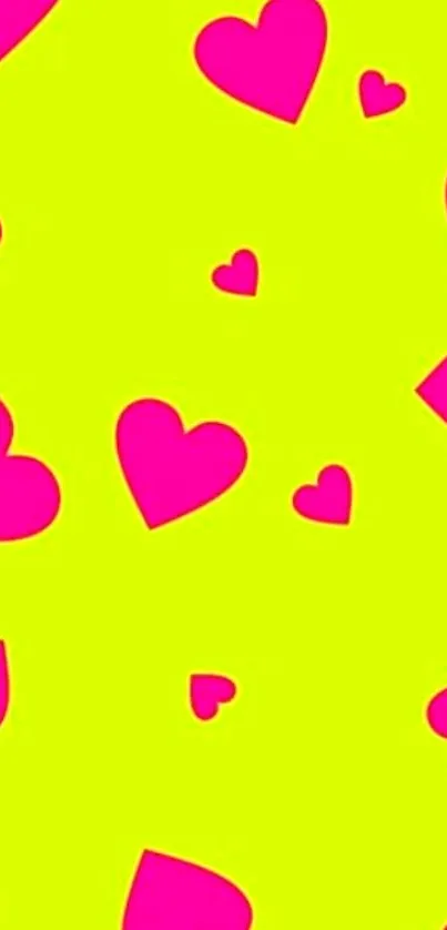 Neon yellow wallpaper with pink hearts pattern.