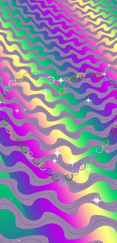 Colorful wavy wallpaper with heart design and vibrant colors.