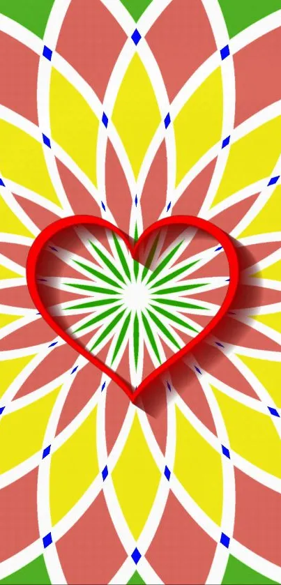 Colorful heart pattern wallpaper with geometric design and vibrant colors.