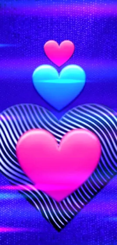 Vibrant blue and pink heart pattern wallpaper.