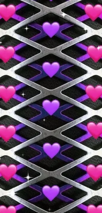 Vibrant wallpaper with pink and purple hearts on a metallic mesh pattern.