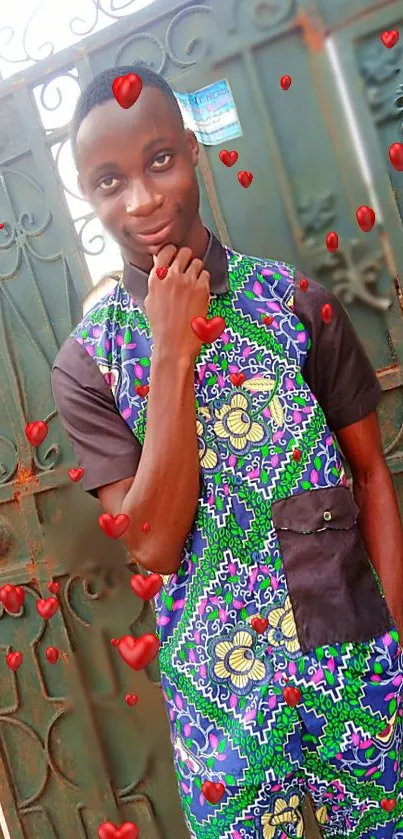Vibrant wallpaper with hearts and green pattern.