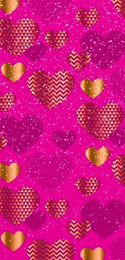 Vibrant pink and gold heart-pattern mobile wallpaper.