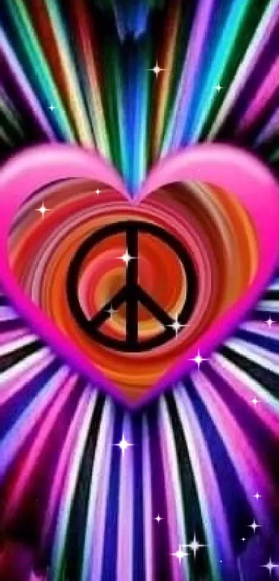 Vibrant heart with a peace symbol surrounded by colorful rays.