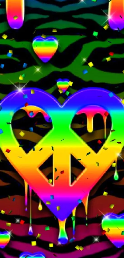 Vibrant rainbow heart peace sign wallpaper with zebra pattern and dripping effects.