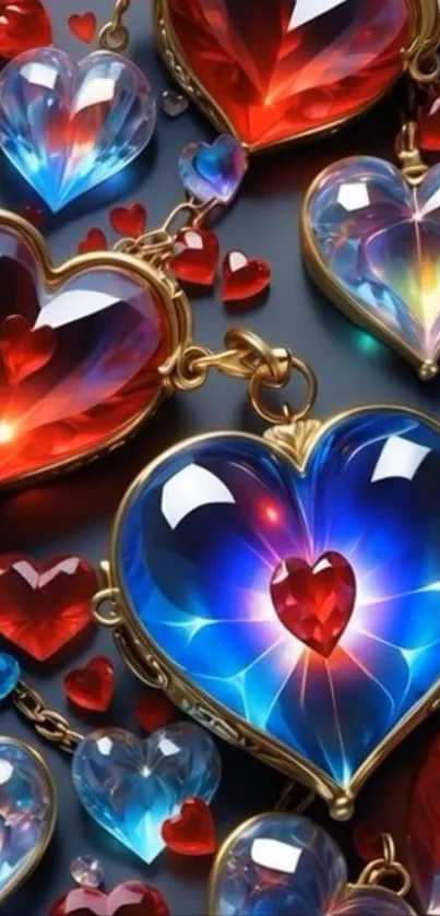 Colorful heart-shaped pendants with blue and red hues.