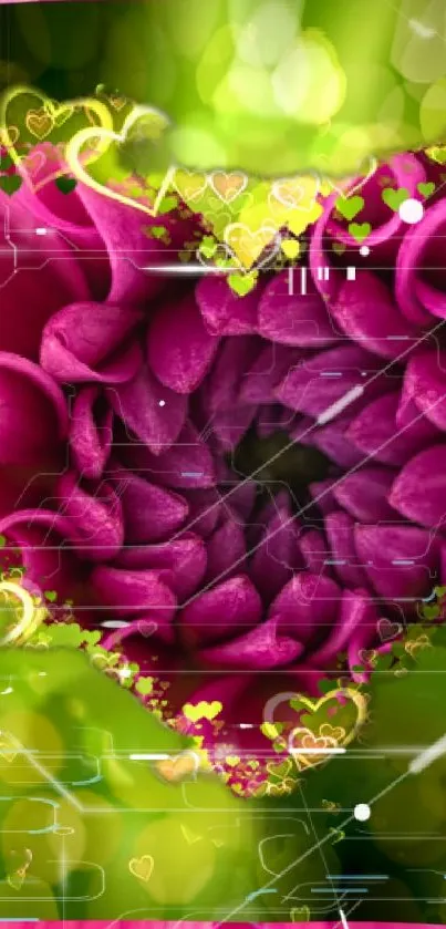 Heart-shaped pink petals with green background, vibrant wallpaper.