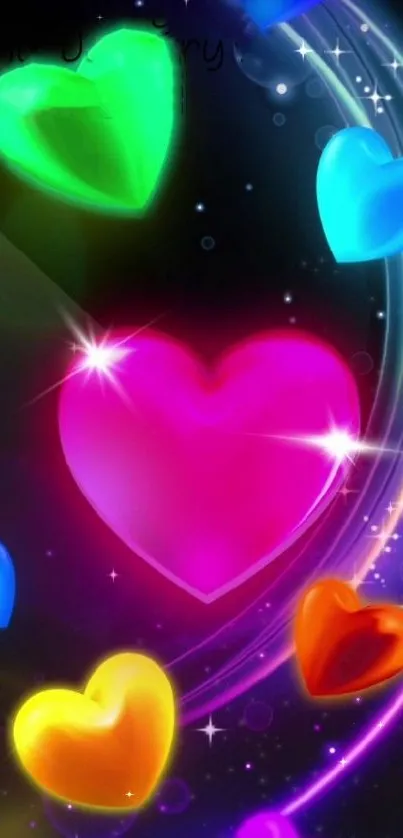 Colorful glowing hearts on dark cosmic background wallpaper.