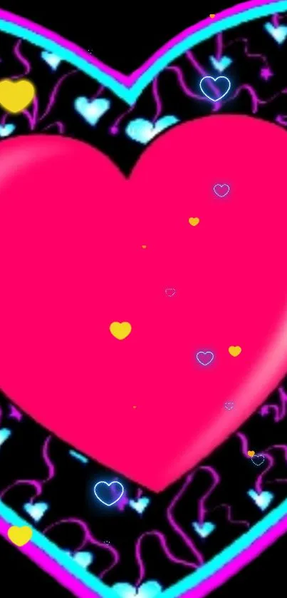 Vibrant pink heart on a colorful neon background.