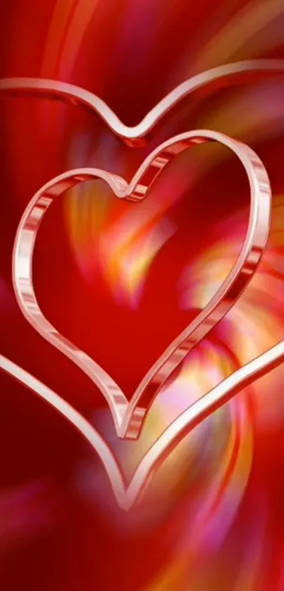 Vibrant red heart wallpaper with swirling colors and silver outlines.