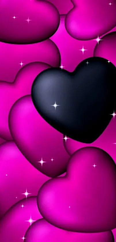 Vibrant pink and black heart phone wallpaper.