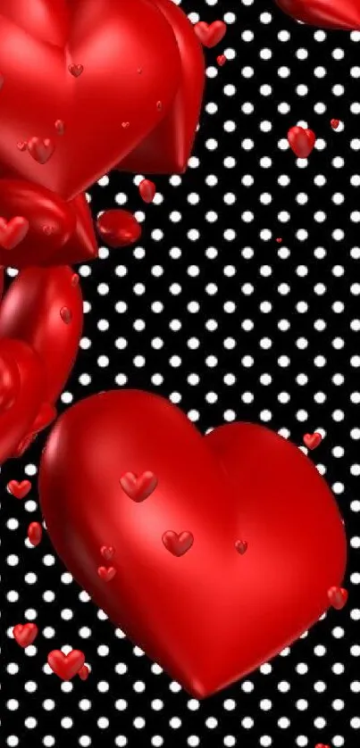 Red 3D hearts on black and white polka dot background.