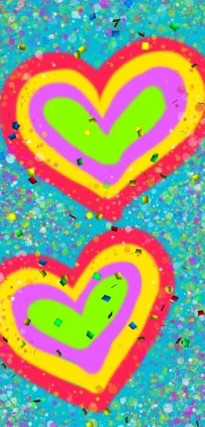 Vibrant neon heart pattern on a turquoise background.