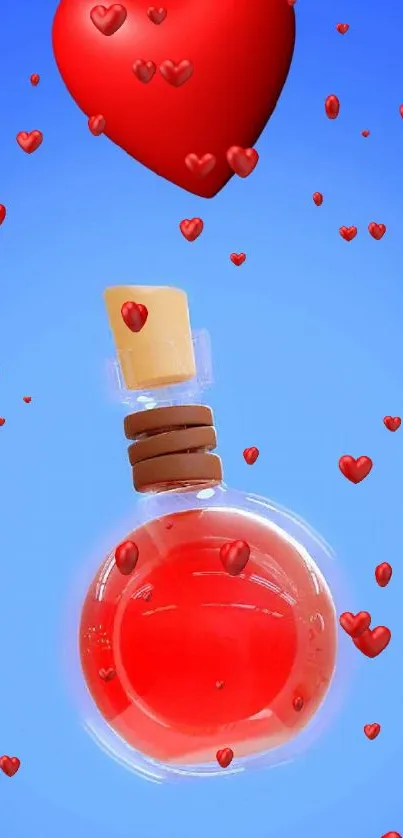 Vibrant heart-shaped potion on blue background.