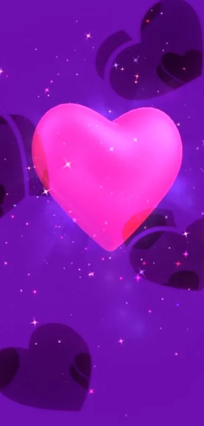 Glowing pink heart with purple background and scattered hearts.