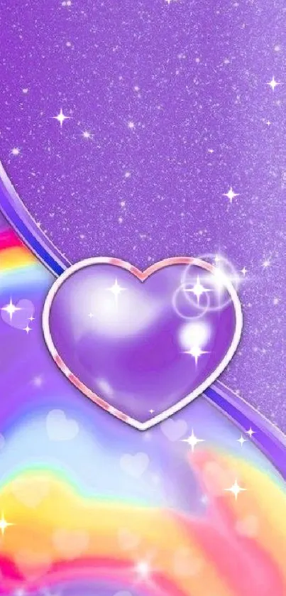 Vibrant purple heart wallpaper with sparkling accents and a colorful background.