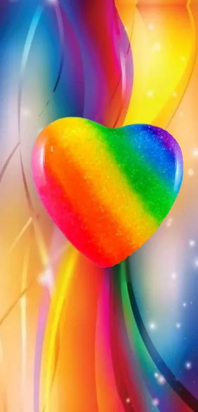 Rainbow heart on a vibrant, colorful background with a soft glow and sparkles.