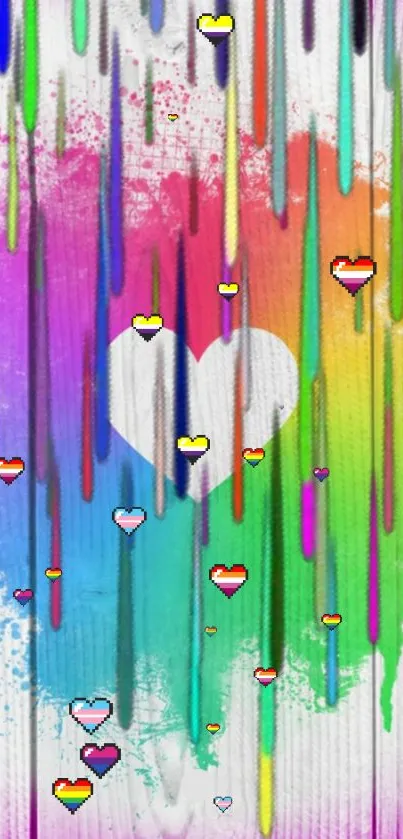 Colorful heart wallpaper with rainbow paint drips and vibrant design.