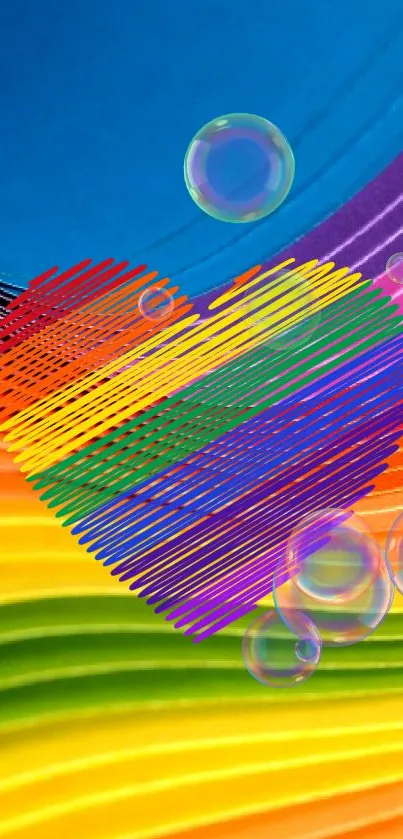 Vibrant rainbow heart with colorful stripes and bubbles on a mobile wallpaper.