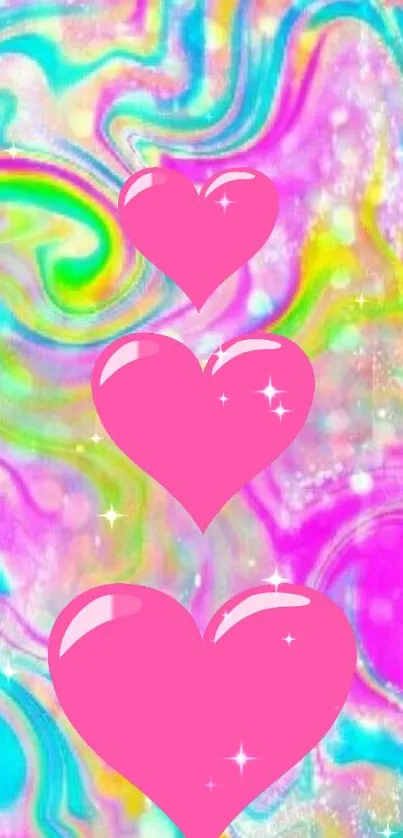 Bright pink hearts on a rainbow swirl background, perfect for phone wallpaper.