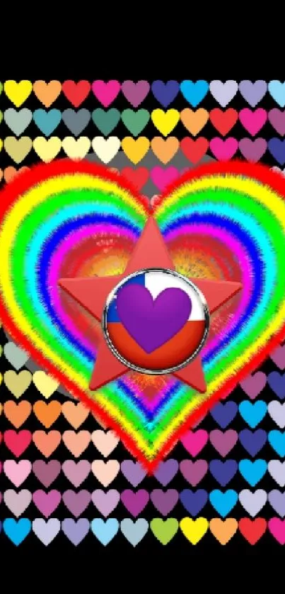 Colorful heart-themed mobile wallpaper with a rainbow design and star centerpiece.