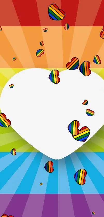 Colorful wallpaper with a white heart on a rainbow background.