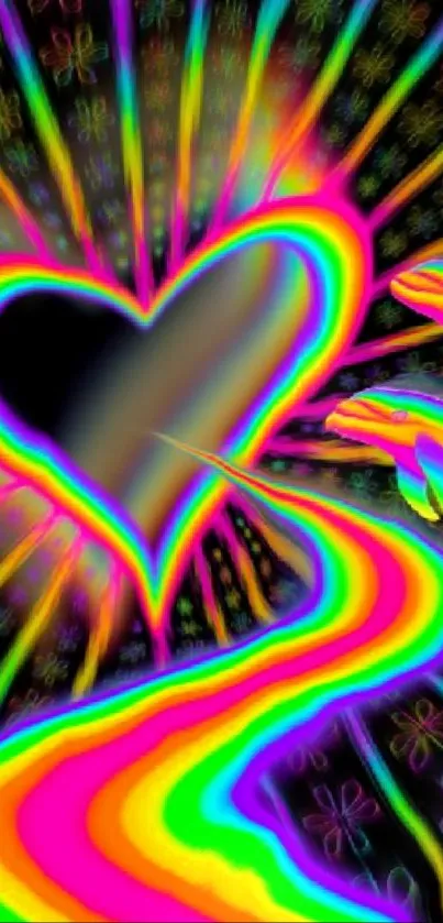 Vibrant heart-shaped rainbow on a cosmic background wallpaper.