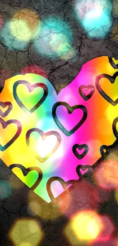 Colorful rainbow heart on black texture background.