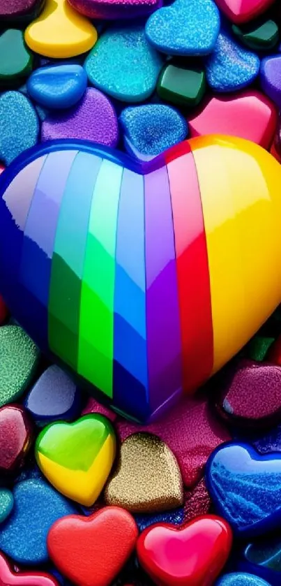 Vibrant rainbow heart wallpaper with colorful, glossy patterns.