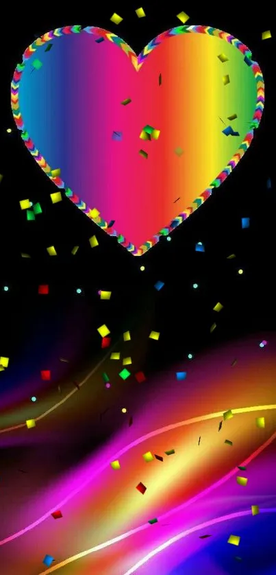 Rainbow heart with cosmic colorful background.