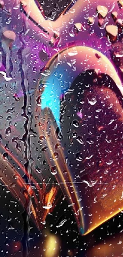 Vibrant heart wallpaper with raindrops and colorful reflections.