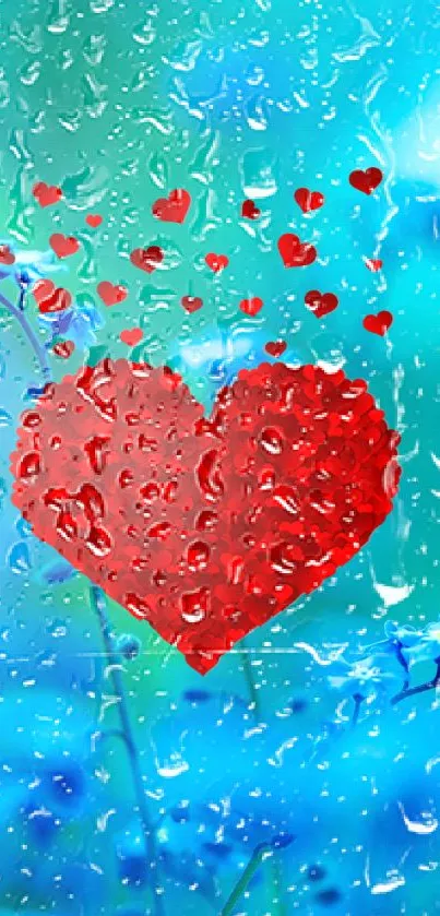 Red heart with raindrops on a vibrant blue background.