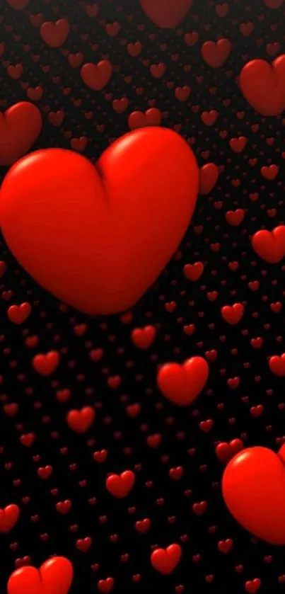 Red hearts scattered on a black background with 3D effect.