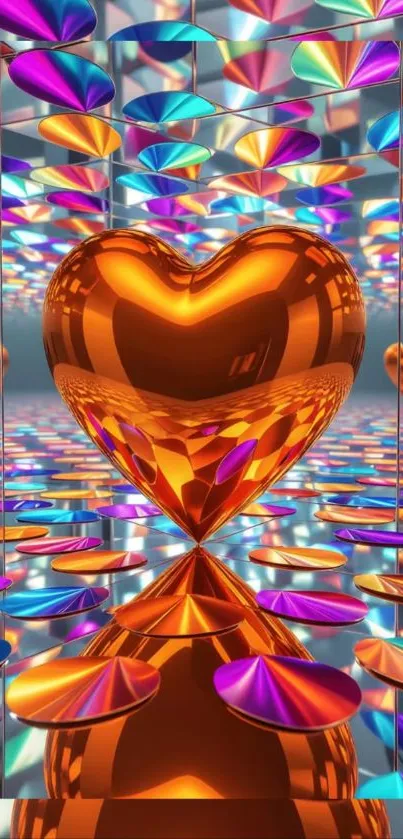 Vibrant orange heart with colorful reflections.