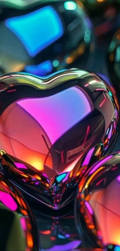Vibrant hearts with colorful reflections in a futuristic design.