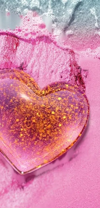 Vibrant pink wallpaper with glittery heart on sand.