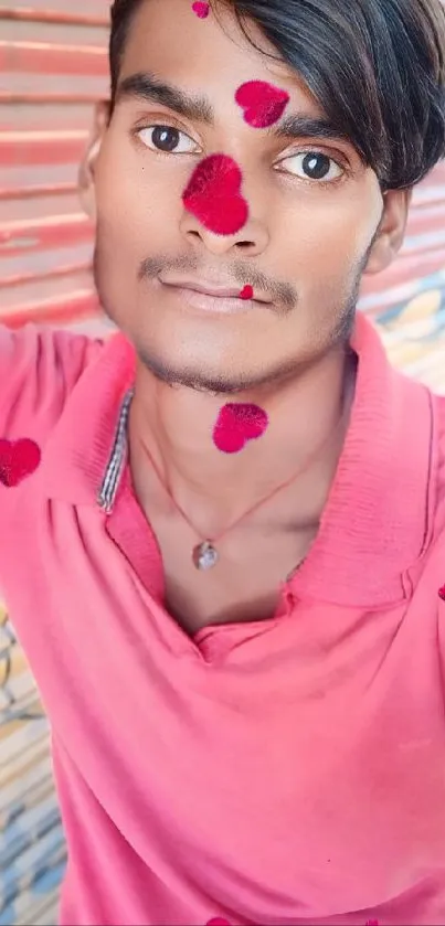 Young man in pink shirt with floating hearts in selfie wallpaper.