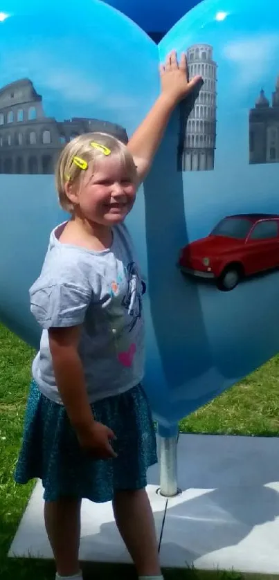 Child poses with heart sculpture featuring landmarks.