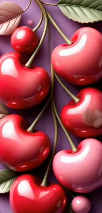 Heart-shaped cherries on purple background wallpaper.